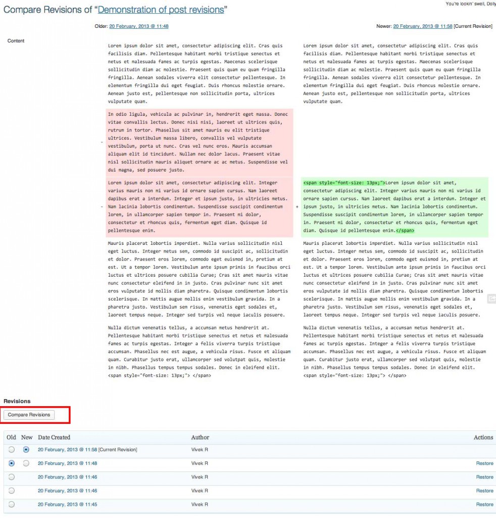 Comparing two post revisions