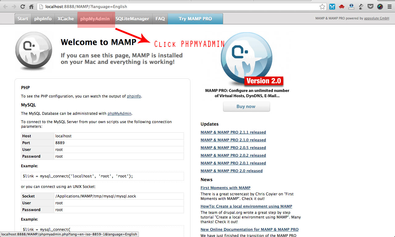 mamp phpmyadmin default password